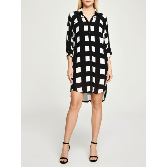 Alfani Tops - ALFANI Womens XL Black White Geometric Button-Down Tunic Roll Up Sleeve